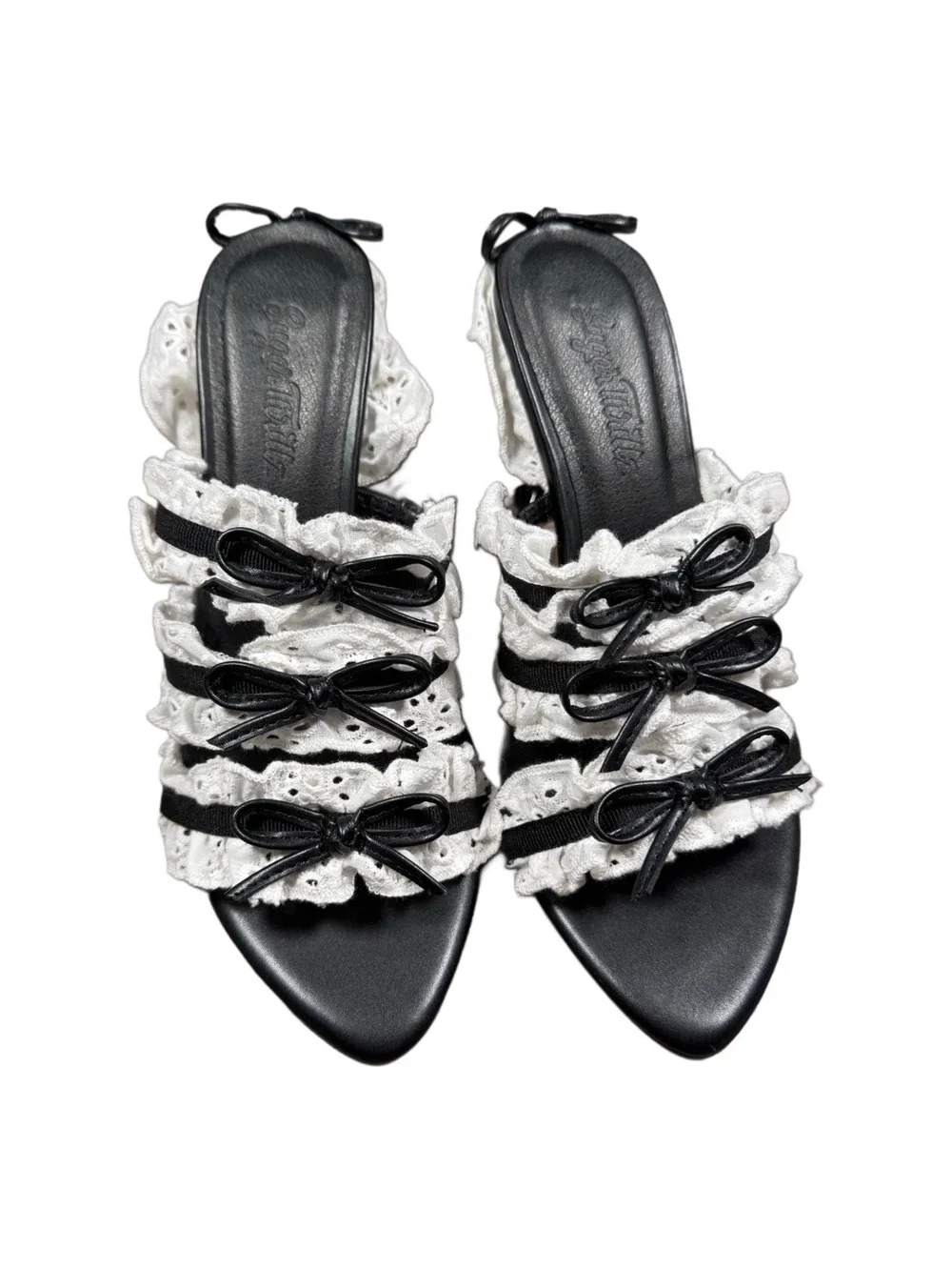 Women's Black & White Coquette Ruffle Bow Slide Heels - Picture 1 of 7
